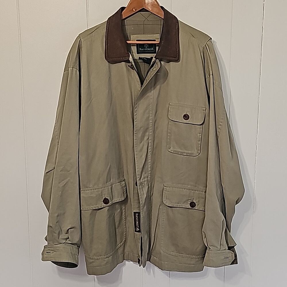 Rainforest Canvas Barn Jacket Coat Mens XL Leather Trim Chore Utility Khaki